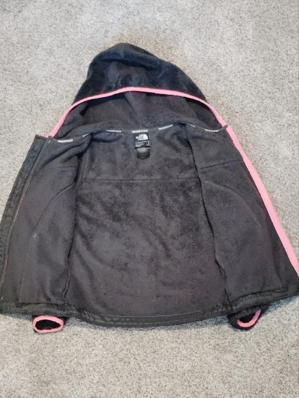 The North Face Black Fuzzy Hooded Puffer Jacket with Pink Trim